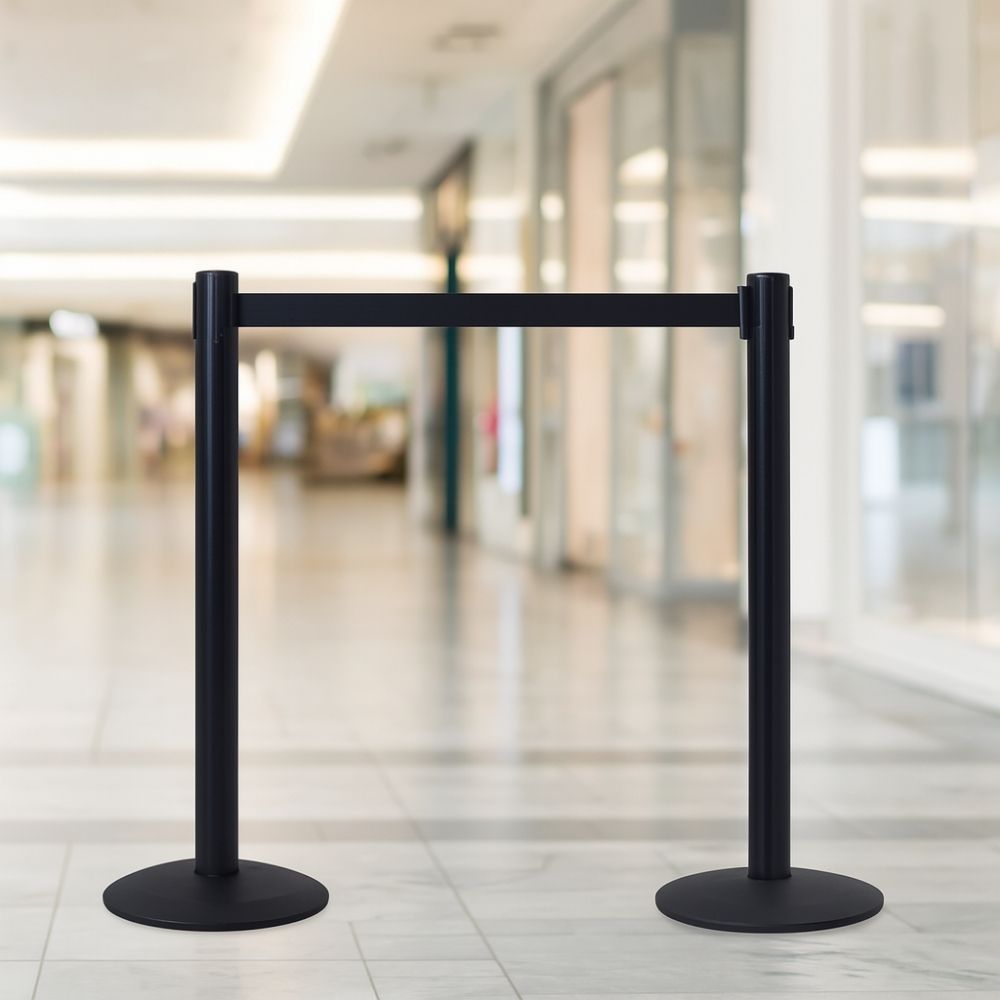 Pair of black Tensabarrier posts with retractable webbing used to create a queue system in a brightly lit shopping centre with glass-fronted stores in the background.

