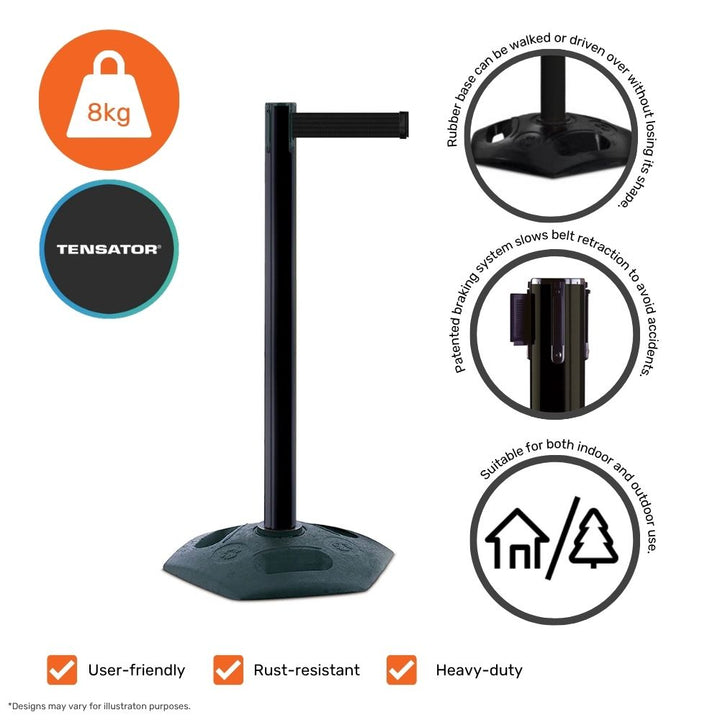 Black Tensator retractable barrier with 8kg rubber base, patented braking system, rust-resistant build, and dual indoor-outdoor suitability—user-friendly and heavy-duty for safety and crowd control.

