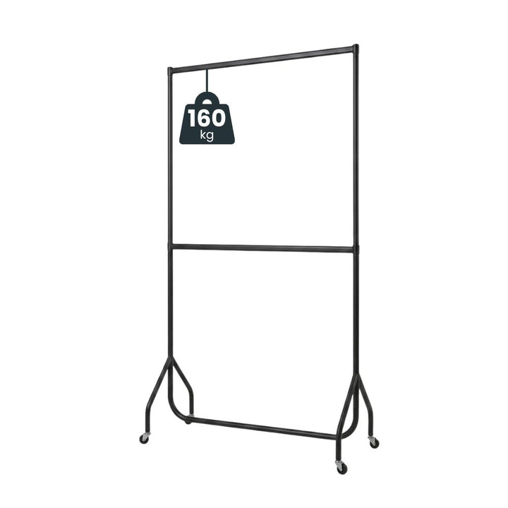 Shown unloaded, the black frame carries an upper and lower bar split by an adjustable centre rail, with a 160kg marker at the top and four castors below.
