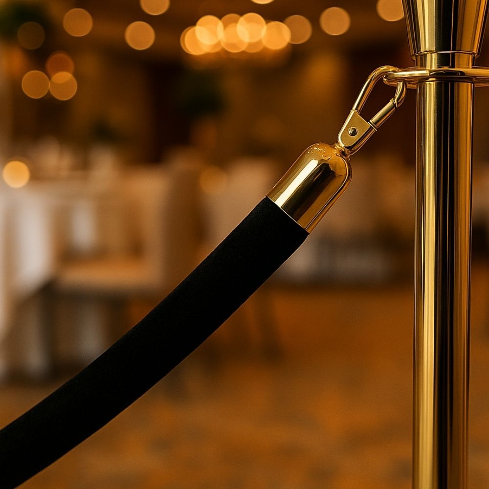 Black velvet barrier rope with polished gold snap clip ends, designed for luxury crowd control and event management in hotels, banquets, or VIP venues.