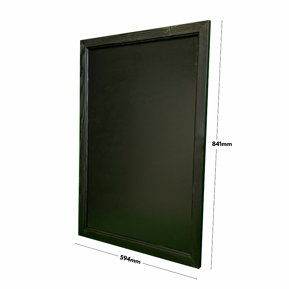 Wall-mounted A1 chalkboard with a sleek black writing surface and durable wooden frame, perfect for indoor displays.
