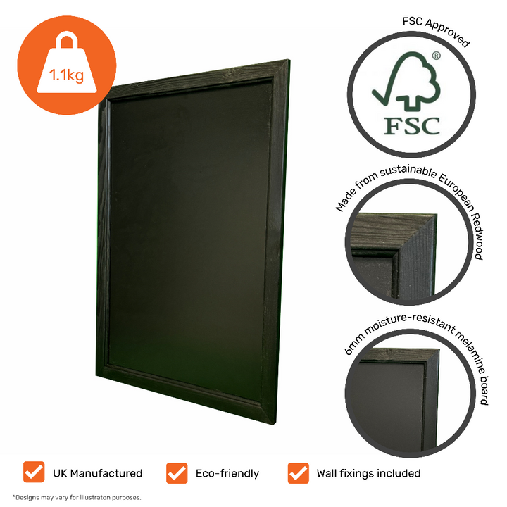 A2 black chalkboard with a classic wooden frame, designed for wall mounting in cafés, restaurants, and retail spaces.

