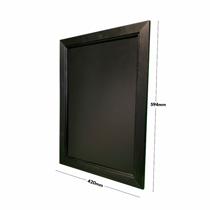 Wall-mounted A2 chalkboard with a sleek black writing surface and durable wooden frame, perfect for indoor displays.
