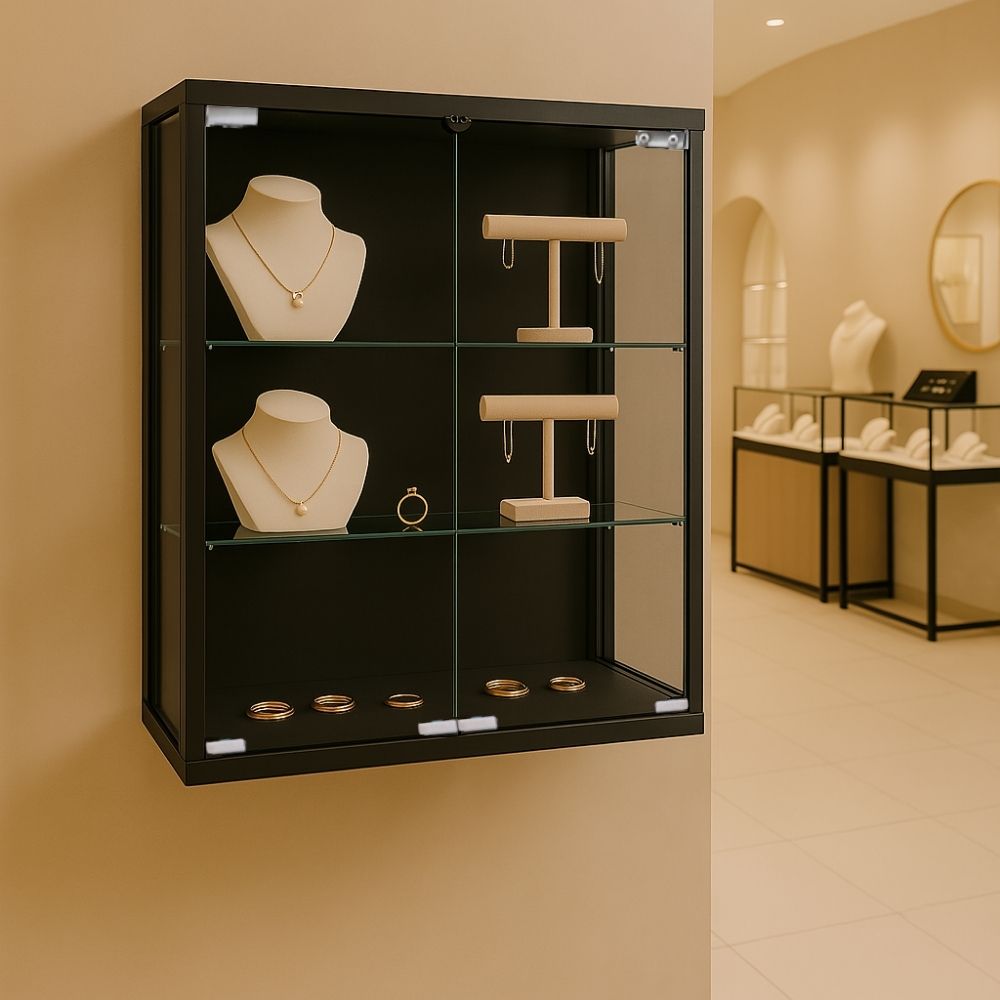 Sleek black wall-mounted display cabinet with double doors and two adjustable shelves, 600mm wide.