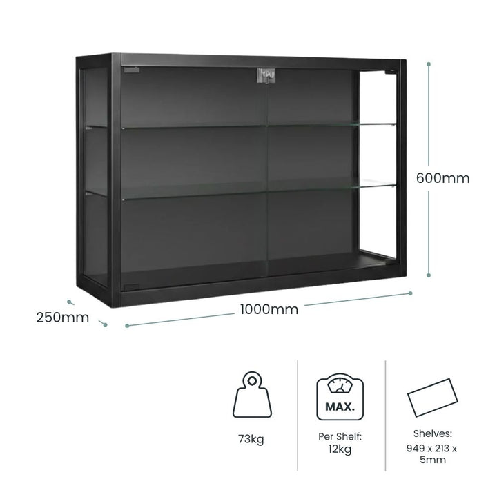 black-framed-wall-mounted-glass-display-cabinet-with-sliding-glass-doors-1000mm-width-600mm-height-250mm-depth-73kg-weight-12kg-per-shelf-capacity