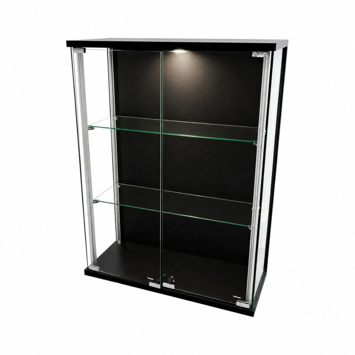 Black wall-mounted glass display cabinet with internal LED lighting, glass shelves, awards, decorative plants, a globe and framed artwork.