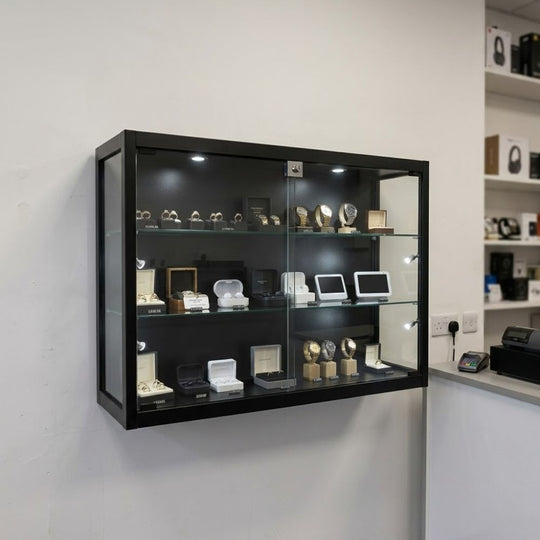 Black Wall Mounted Lockable Glass Display Cabinet with 2 Adjustable Shelves and 6 Spotlights 1000mm Wide