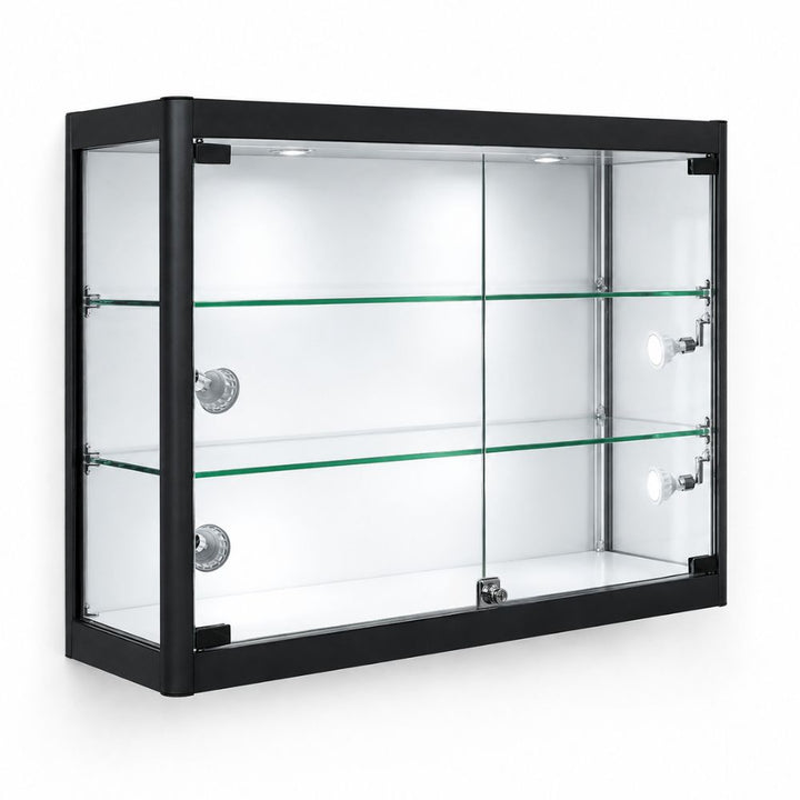 Black wall mounted lockable glass display cabinet with two adjustable glass shelves and six LED spotlights.
