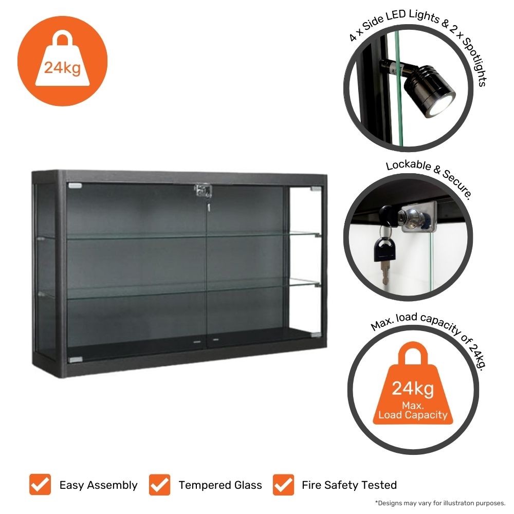 Wall-mounted black cabinet – illuminated 1000mm display with double shelves and lockable glass front