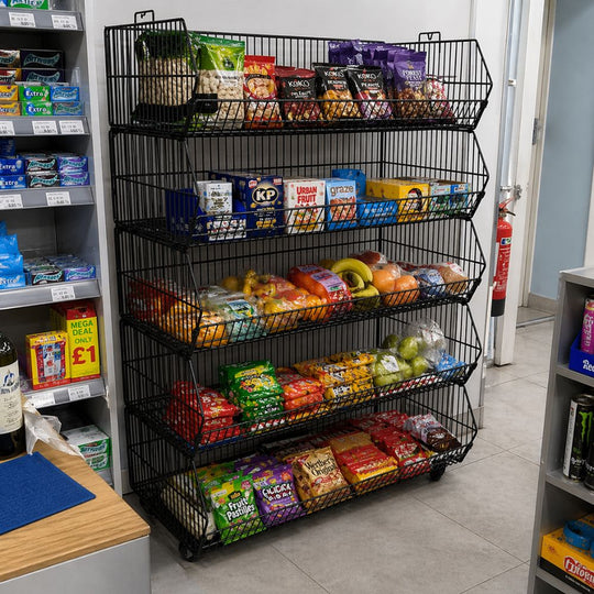 Extra Wide 5 Tier Black Wire Stacking Basket Unit - Collapsible, Castors Included, 1000mm.