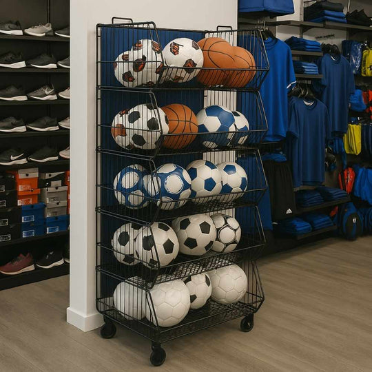 Black 5-Tier Collapsible Rust-Resistant Steel Stacking Basket Units With Detachable Castors - 600mm Wide X 1530mm High X 430mm Deep