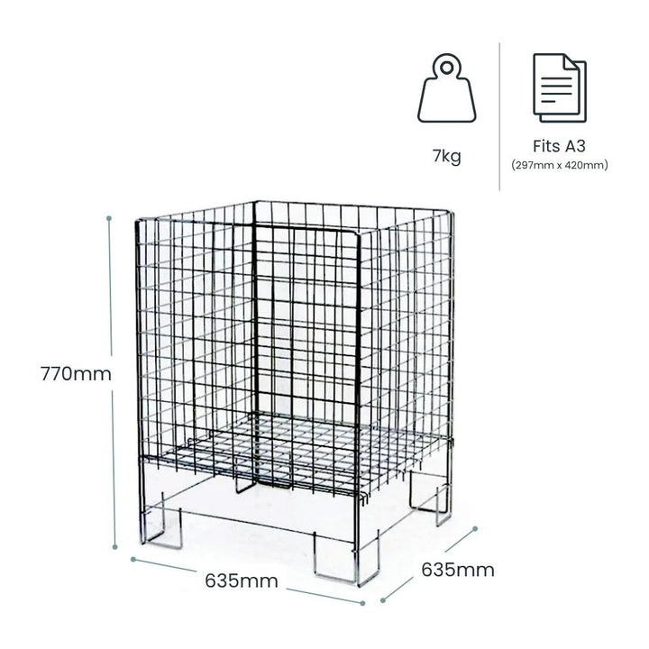 Dimension diagram: black wire dump bin 635mm wide, 635mm deep, 770mm tall, 7kg unit weight, fits A3 sign at 297 x 420mm.
