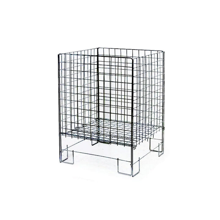 Empty black rust-resistant steel dump bin on a white background, open wire on all four sides, raised feet, collapsible flat-pack panel construction.
