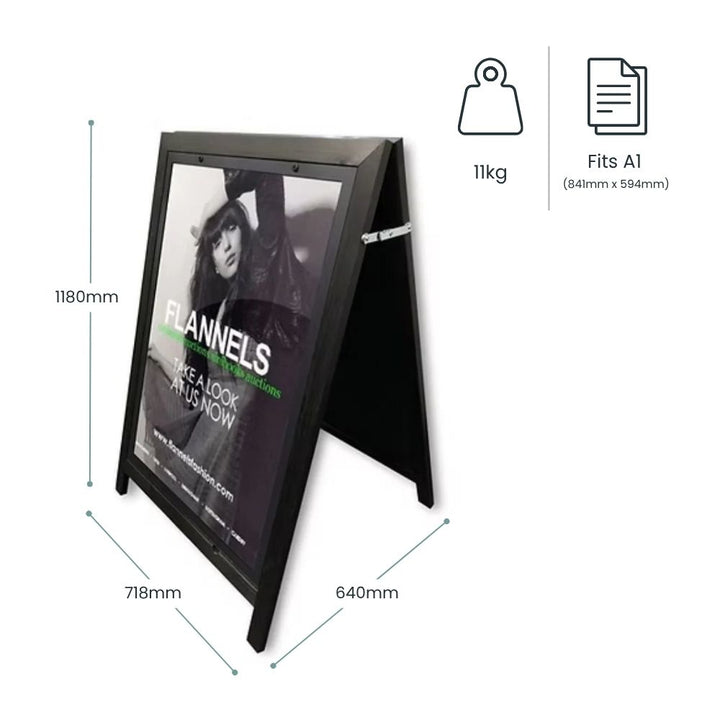 Dimension diagram for a black wooden A1 A-board pavement sign: 1180mm high, 718mm wide front, 640mm base depth, 11kg, A1 sheet 841 x 594mm.
