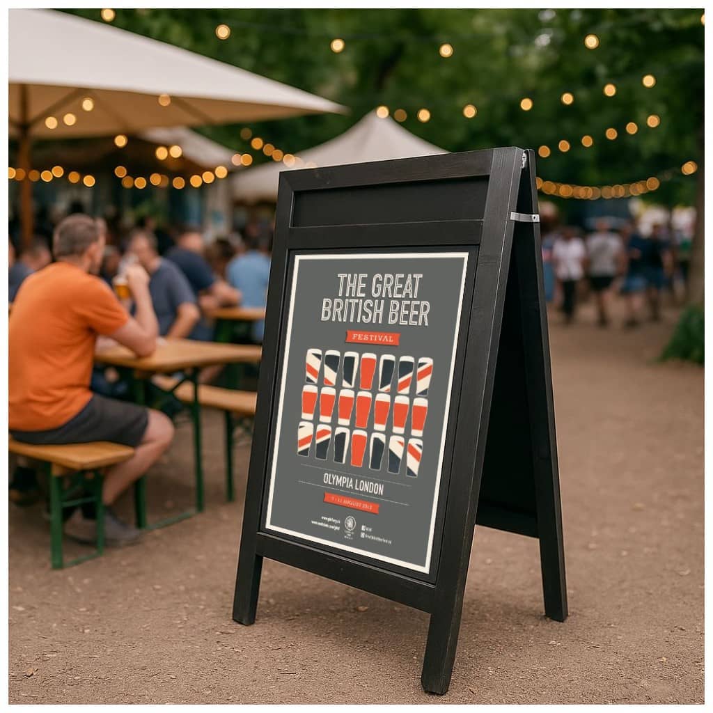 A sleek black wooden A1 A-board pavement sign with a built-in header, offering a professional and eye-catching display for promotions, menus, or special offers.

