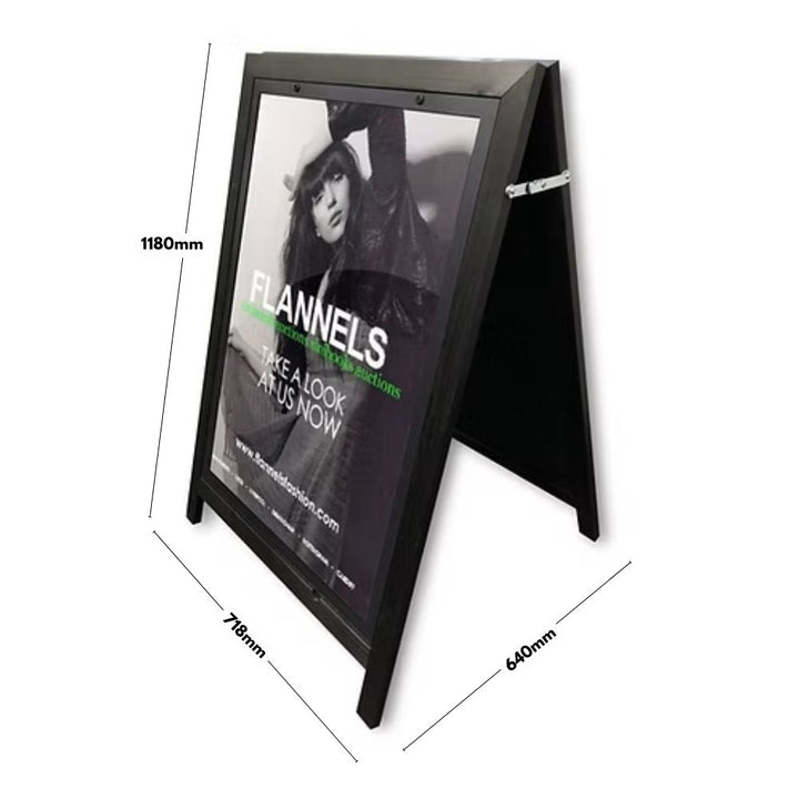 Weather-resistant A1 black wooden pavement sign with a poster holder, great for displaying menus, offers, and notices.
