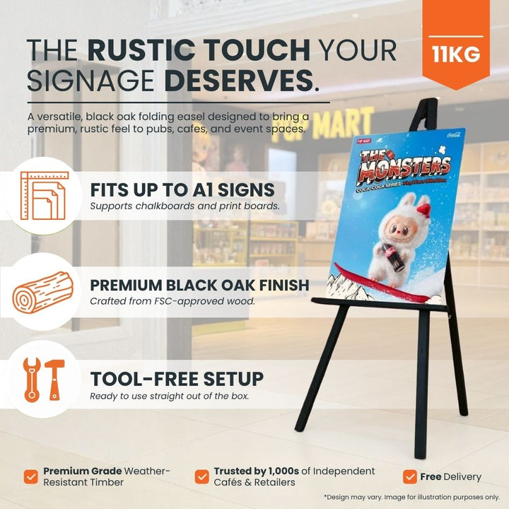 Feature panel: fits up to A1 signs including chalkboards and snap frames, FSC-approved black oak finish, tool-free setup, 5kg, free delivery.
