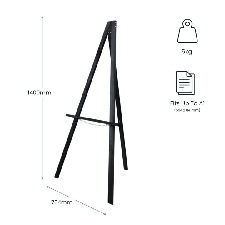 Dimension diagram: black wooden easel 1400mm tall and 734mm wide at the foot, 5kg unit weight, fits A1 signs up to 594 x 841mm.
