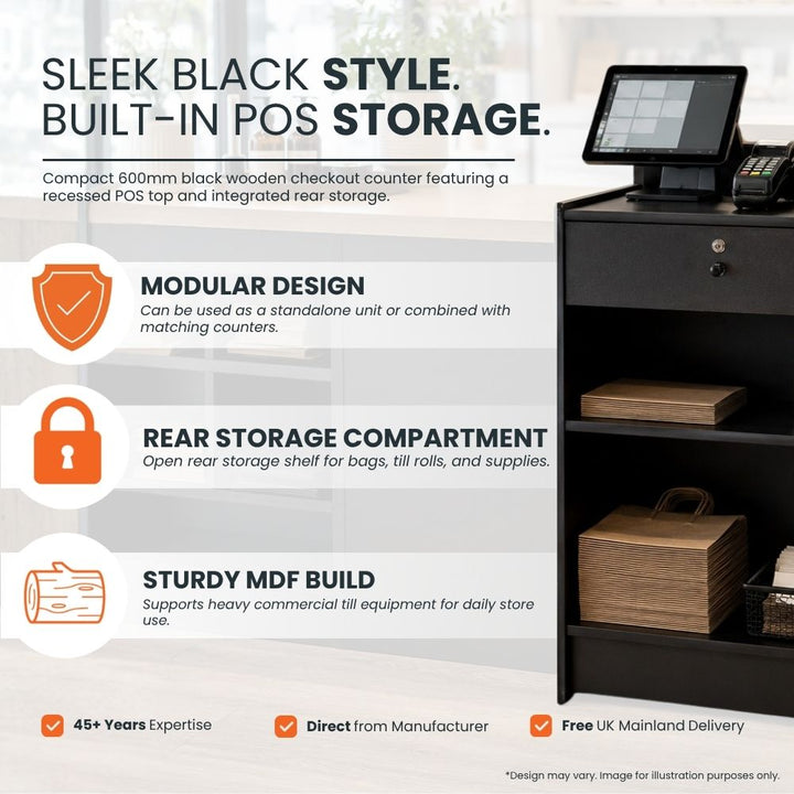 Promotional feature graphic for a compact black wooden retail till block, showing POS screen and card reader setup with modular design, rear storage compartment, sturdy MDF build and open shelving for shop checkout counters, till rolls, bags and daily retail supplies.
