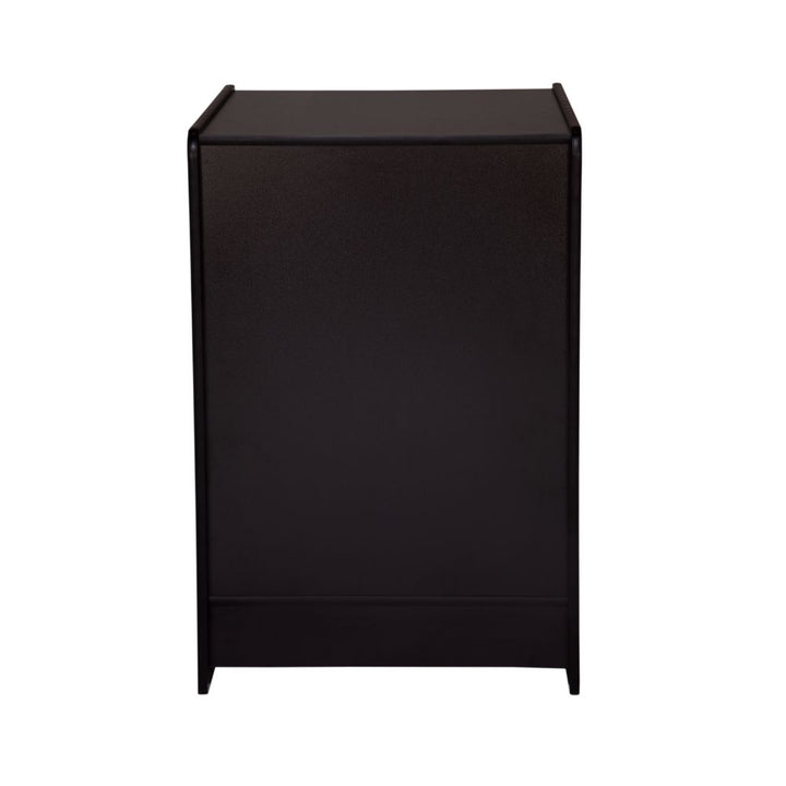 Rear product view of a compact black wooden retail till block with solid back panel, enclosed freestanding structure and slim profile, designed for practical shop floor layouts, kiosk counters, checkout zones and commercial retail interiors.