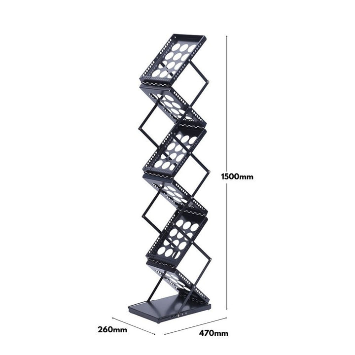 Tall black zigzag leaflet stand with perforated metal shelves, featuring dimensions of 1500mm height, 260mm depth, and 470mm width, suitable for promotional displays or brochures.