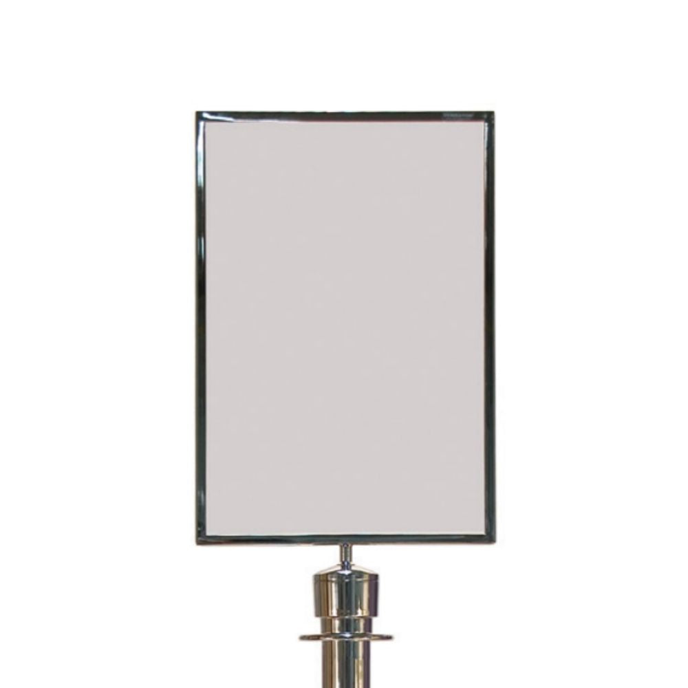 Empty chrome sign holder mounted on a barrier post, suitable for displaying A4 information or posters.