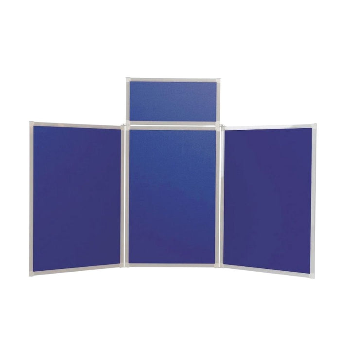 Full front view of a blue 4-panel fold-up display board, three main fabric panels and a detachable header in silver aluminium frame, shown fully extended.

