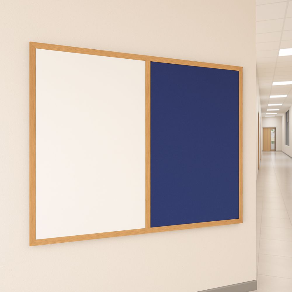 Wall-mounted dual-surface board with a navy blue felt noticeboard and white dry-wipe panel in a wooden frame, installed in a bright school corridor with tiled flooring and overhead lighting.