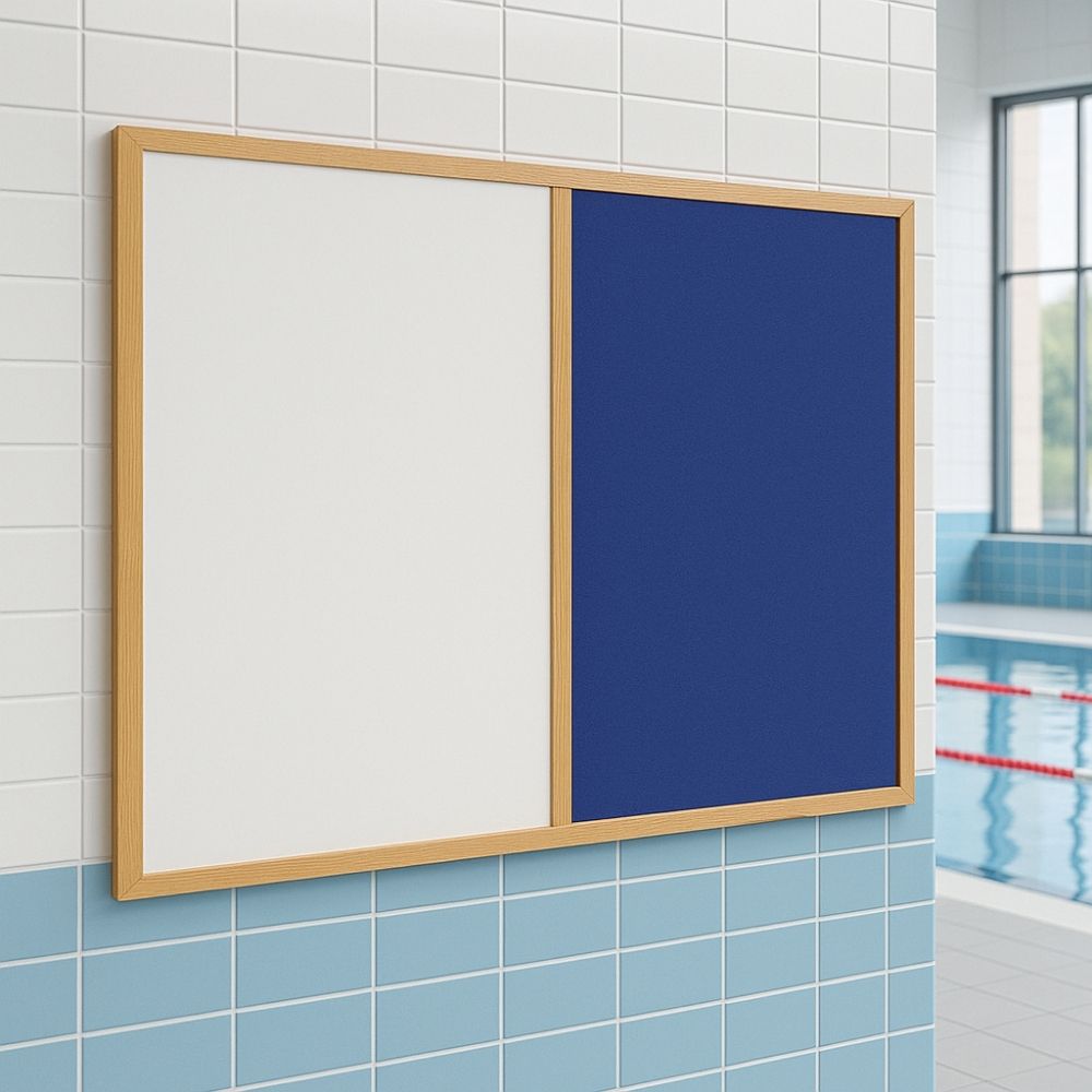 Wall-mounted board with a blue felt noticeboard and white dry-wipe surface in a wooden frame, fixed to tiled walls beside an indoor swimming pool with lane markers visible.