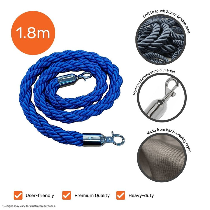 Blue braided barrier rope, 1.8m long with chrome fittings, featuring a 25mm soft-touch braid and durable rayon construction.