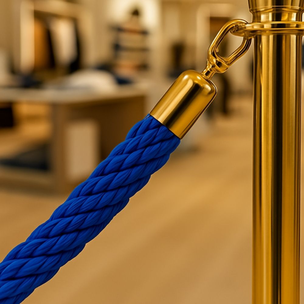 Close-up of a blue braided barrier rope with polished gold snap clip attached to a gold stanchion in a retail environment.