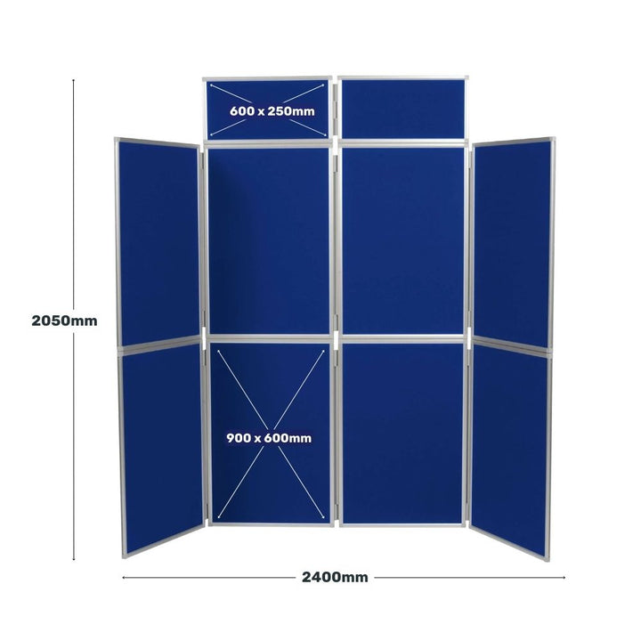Product image of a blue eight-panel display board with white measurement lines showing full dimensions of 2050mm height and 2400mm width, and panel sizes labelled.