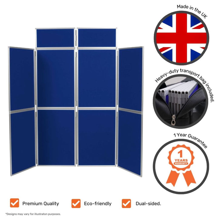 Blue eight-panel display board shown with UK-made badge, zipped carry bag, eco-friendly, dual-sided and premium quality icons.

