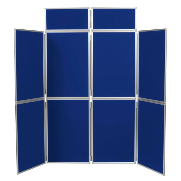 Freestanding blue eight-panel display board with two header panels and silver frame, isolated on a white background for product presentation.

