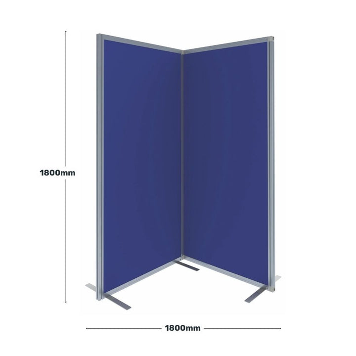 Diagram of a two-panel blue room divider showing equal height and width of 1800mm, with each panel joined at a right angle and supported by wide feet.

