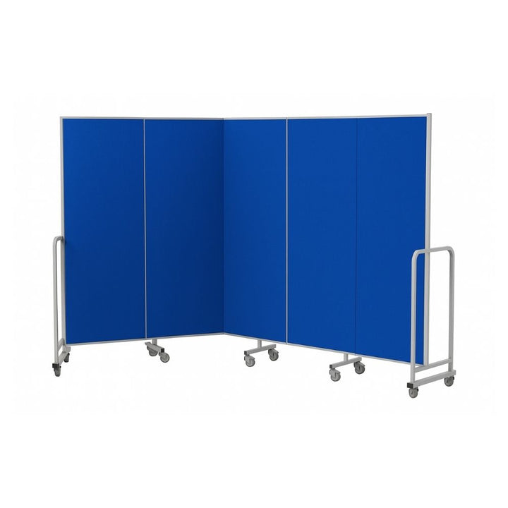 Blue five-panel acoustic room divider in full zig-zag configuration on white, with silver aluminium frame, T-bar handles and lockable castors.

