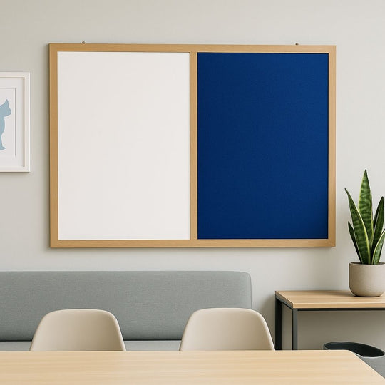Eco-Friendly Combination Blue Felt Noticeboard with Whiteboard and Wood Effect Frame  - 1500 x 1200m