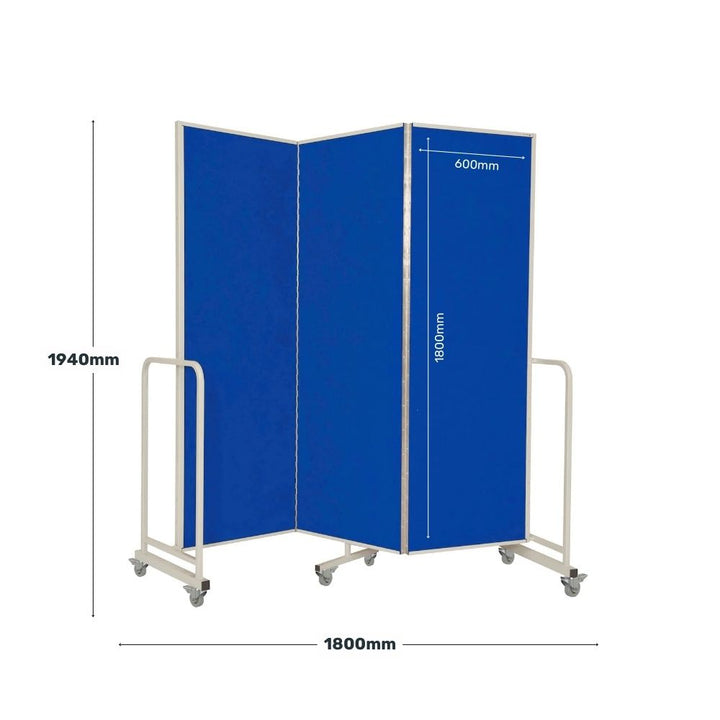 Three-panel blue felt mobile room divider shown with dimensions of 1940mm in height and 1800mm width, each panel measuring 600mm wide by 1800mm tall, ideal for offices and classrooms.