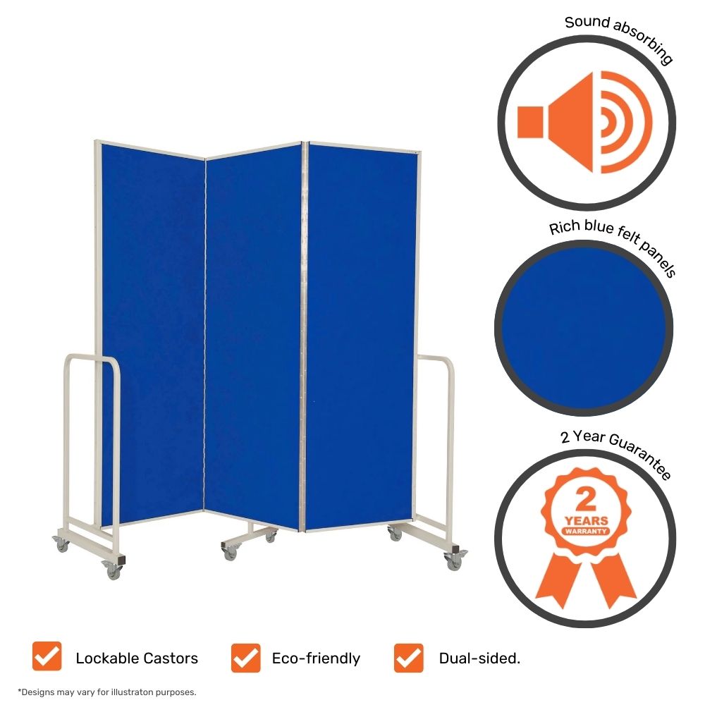 Tri-panel blue felt room divider with labelled features including sound-absorbing material, dual-sided design, eco-friendly build, lockable castors, and a two-year guarantee.