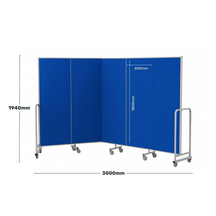Dimension diagram for a blue five-panel acoustic room divider: 3000mm wide overall, 1940mm tall, five panels at 600mm each, on lockable castors.

