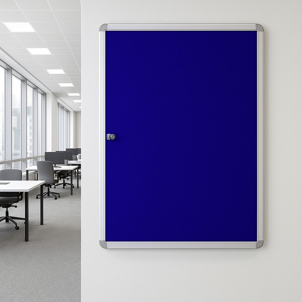Blue lockable notice board with silver aluminium frame mounted on a white wall in a modern open-plan office with grey desks and chairs.