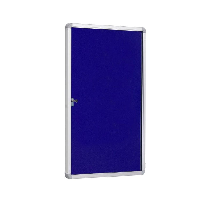 Blue notice board with a silver aluminium frame and a lockable door, photographed against a white background.