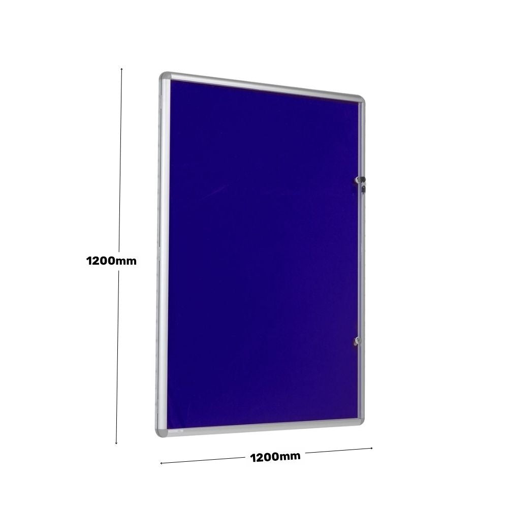 Blue lockable notice board with silver aluminium frame, displayed with measurements of 1200mm in both height and width.