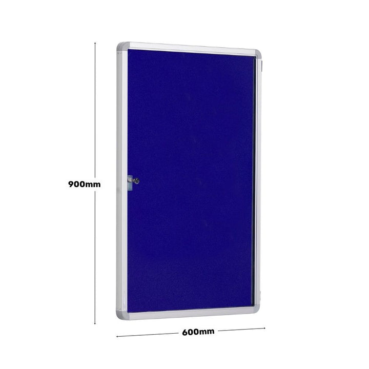 Blue lockable notice board with a silver frame shown with dimensions of 900mm height and 600mm width displayed on the side.