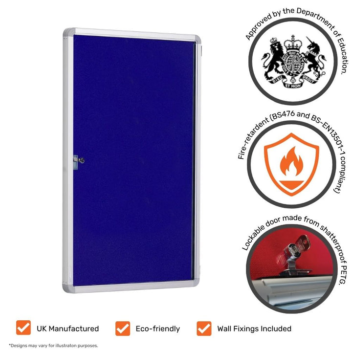 Blue lockable notice board with aluminium frame shown with icons highlighting its fire-retardant properties, UK manufacturing, eco-friendliness, and shatterproof lockable door.