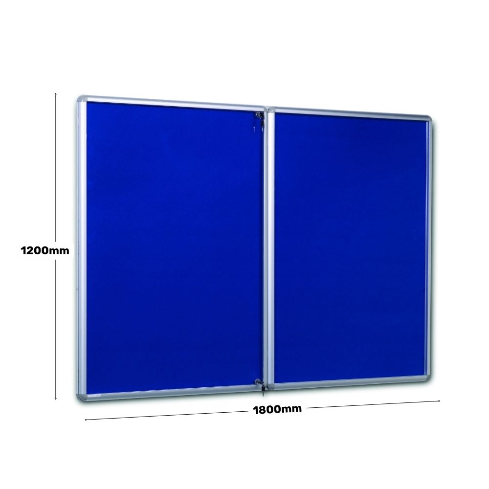 Lockable blue noticeboard measuring 1200mm high by 1800mm wide, framed in silver aluminium with dual doors.

