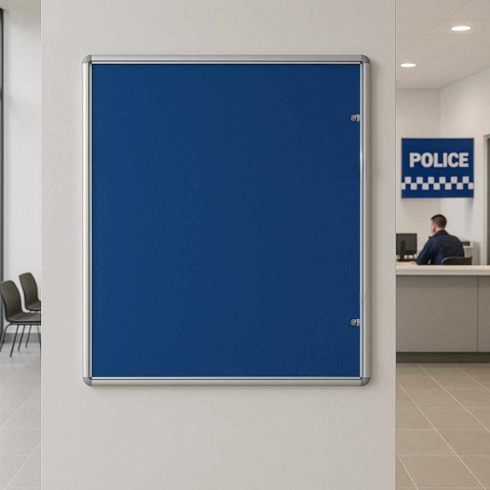 Blue lockable noticeboard with a silver aluminium frame mounted on a white wall in a police station reception area, with a uniformed officer seated at the front desk and a sign reading "POLICE" in the background.
