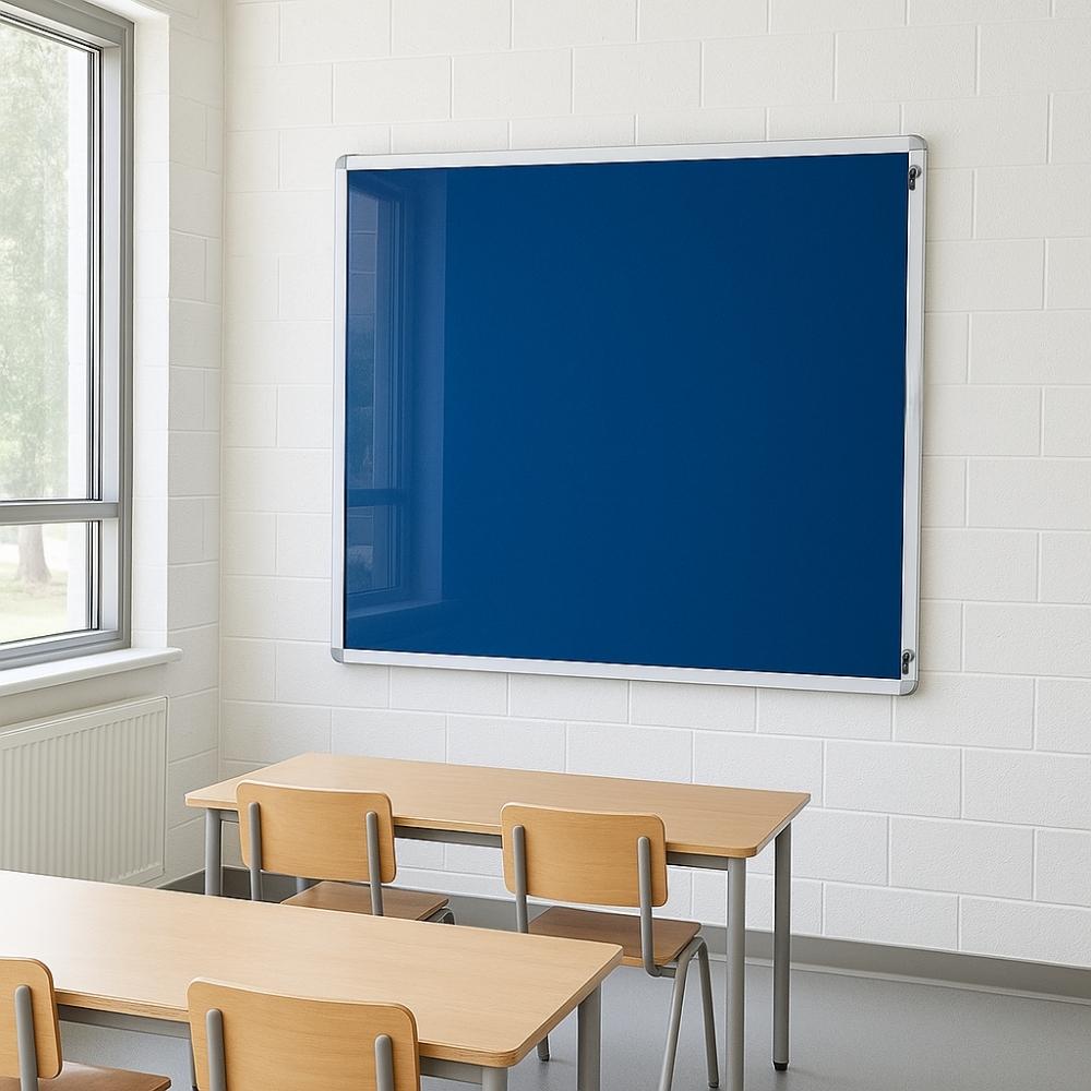 Blue lockable noticeboard with silver aluminium frame mounted on a white brick wall in a classroom featuring wooden desks, chairs, and a large window with natural light.







