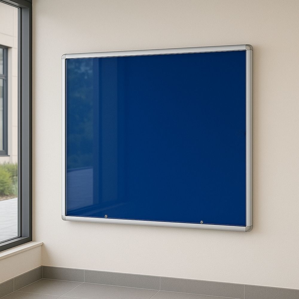 Tamperproof dark blue felt noticeboard with lockable doors – 1200 x 900mm for school corridors or public areas  