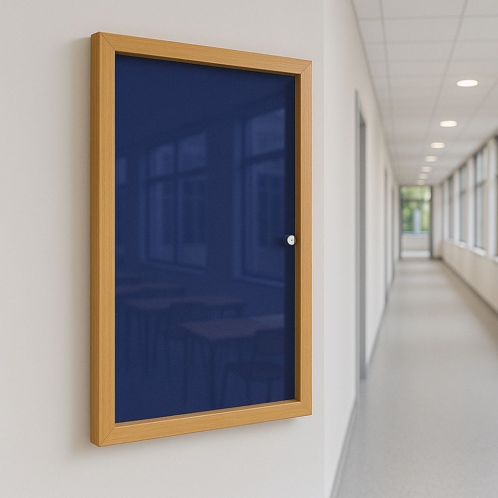 Blue lockable noticeboard with a wooden frame mounted on a white wall in a brightly lit school hallway, with classroom reflections visible in the glass front.
